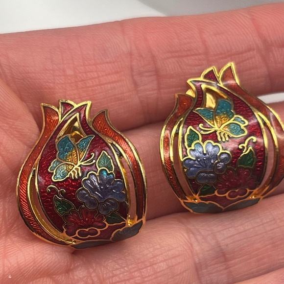 Vintage Cloisonné Enamel Earrings Blue Red Gold Tone Butterfly Floral Clip On - Picture 6 of 6
